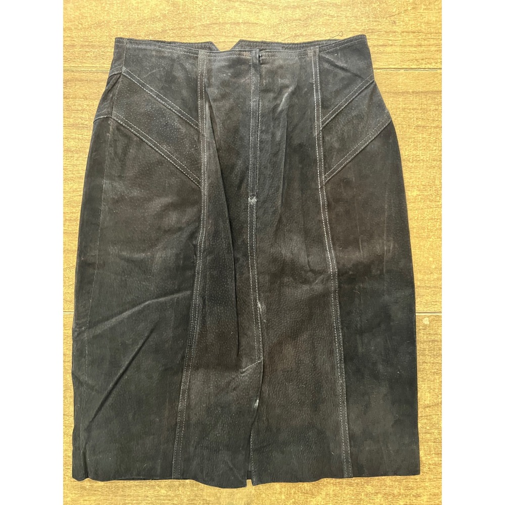 Vintage CHIA 100% Pebble Leather Black Pencil Skirt W Slit SZ 14 1980s Glam Rock
